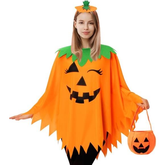3 PCS Halloween Pumpkin Poncho Cape Costume with Headband and Candy Bag